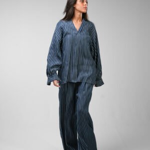 Striped Denim V-Neck Blouse Set