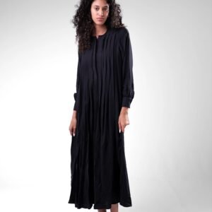 Long Linen Button-Down Pleated Dress