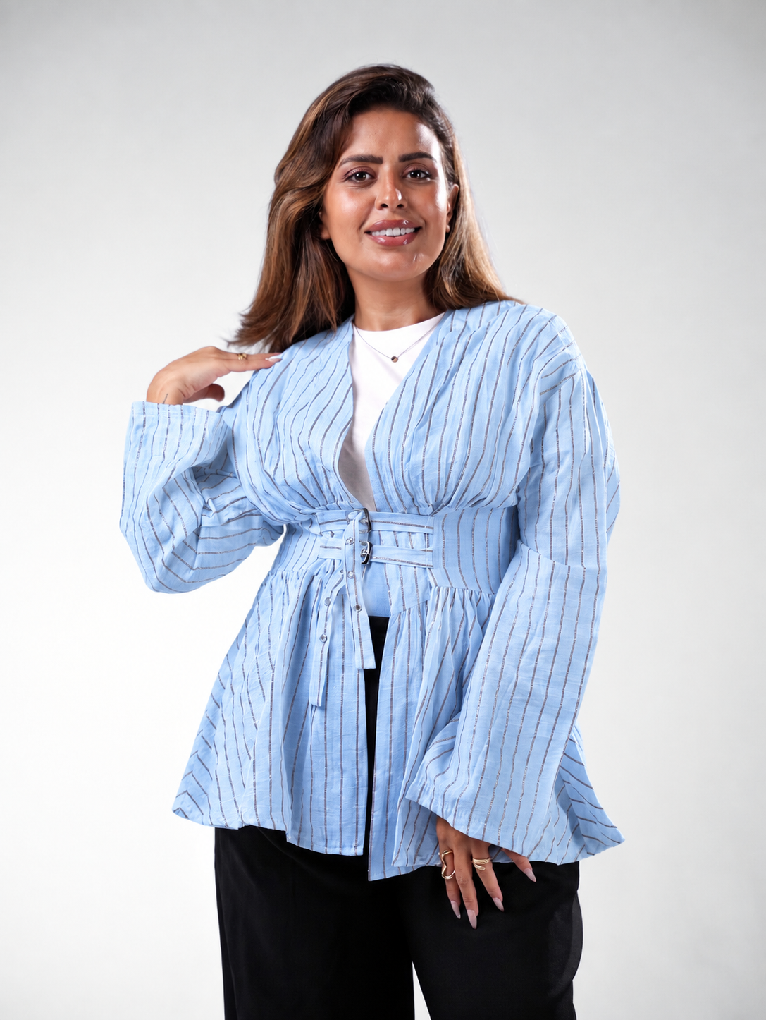 Nylon Rayon Silk Belted Blouse - Image 13