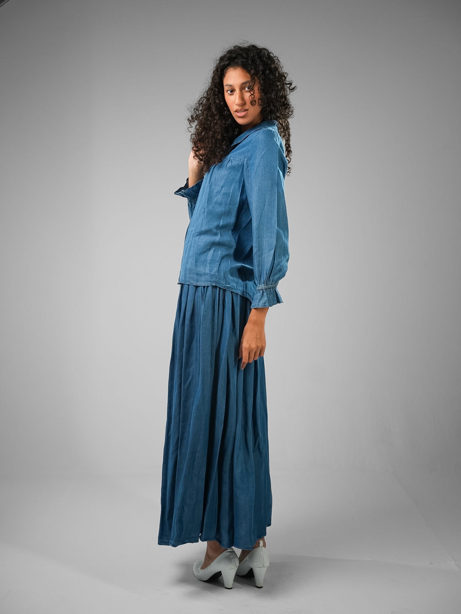 Denim Tie-Neck Blouse & Pleated Skirt Set - Image 8