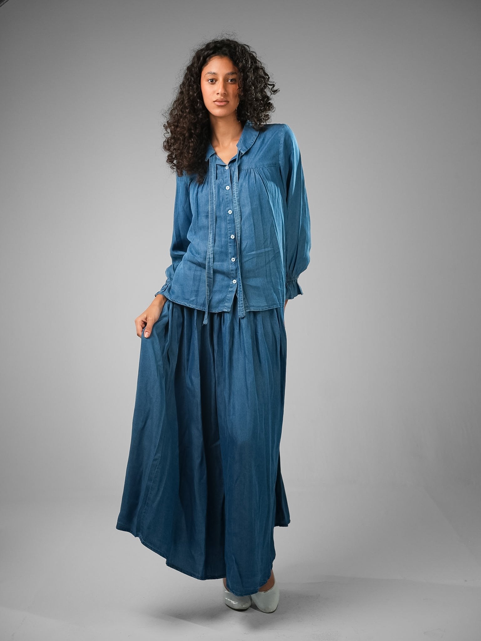 Denim Tie-Neck Blouse & Pleated Skirt Set - Image 7