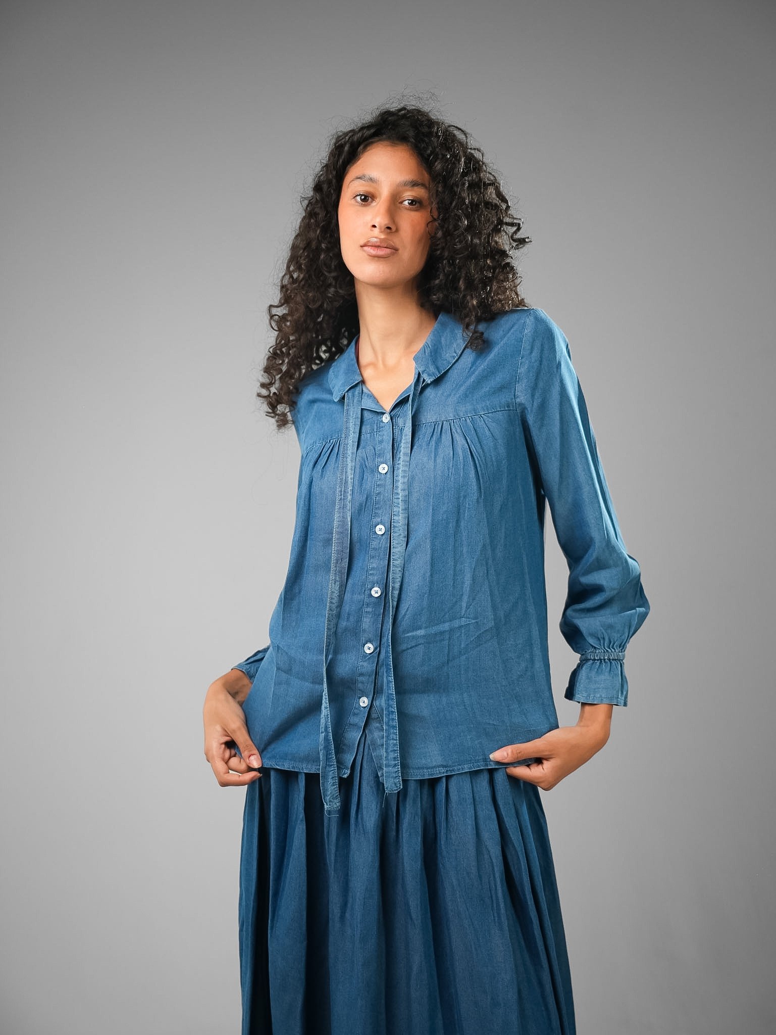 Denim Tie-Neck Blouse & Pleated Skirt Set - Image 5