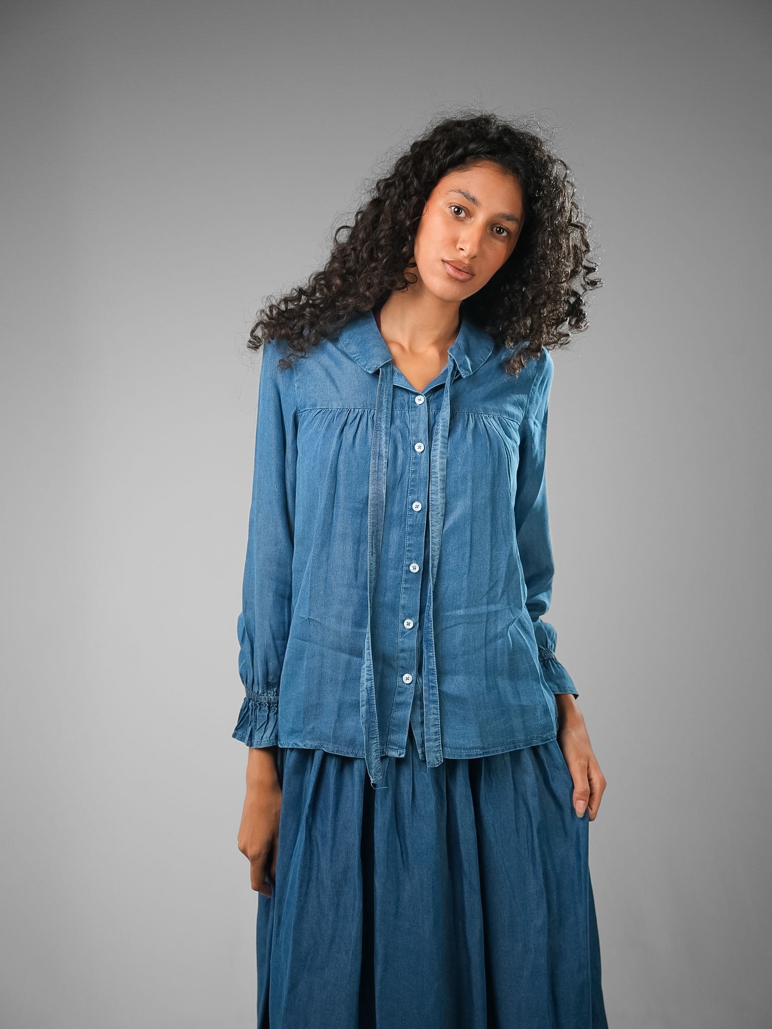 Denim Tie-Neck Blouse & Pleated Skirt Set - Image 6