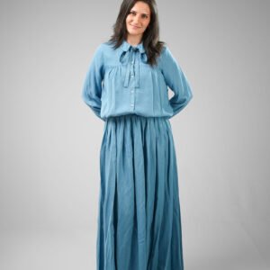 Denim Tie-Neck Blouse & Pleated Skirt Set