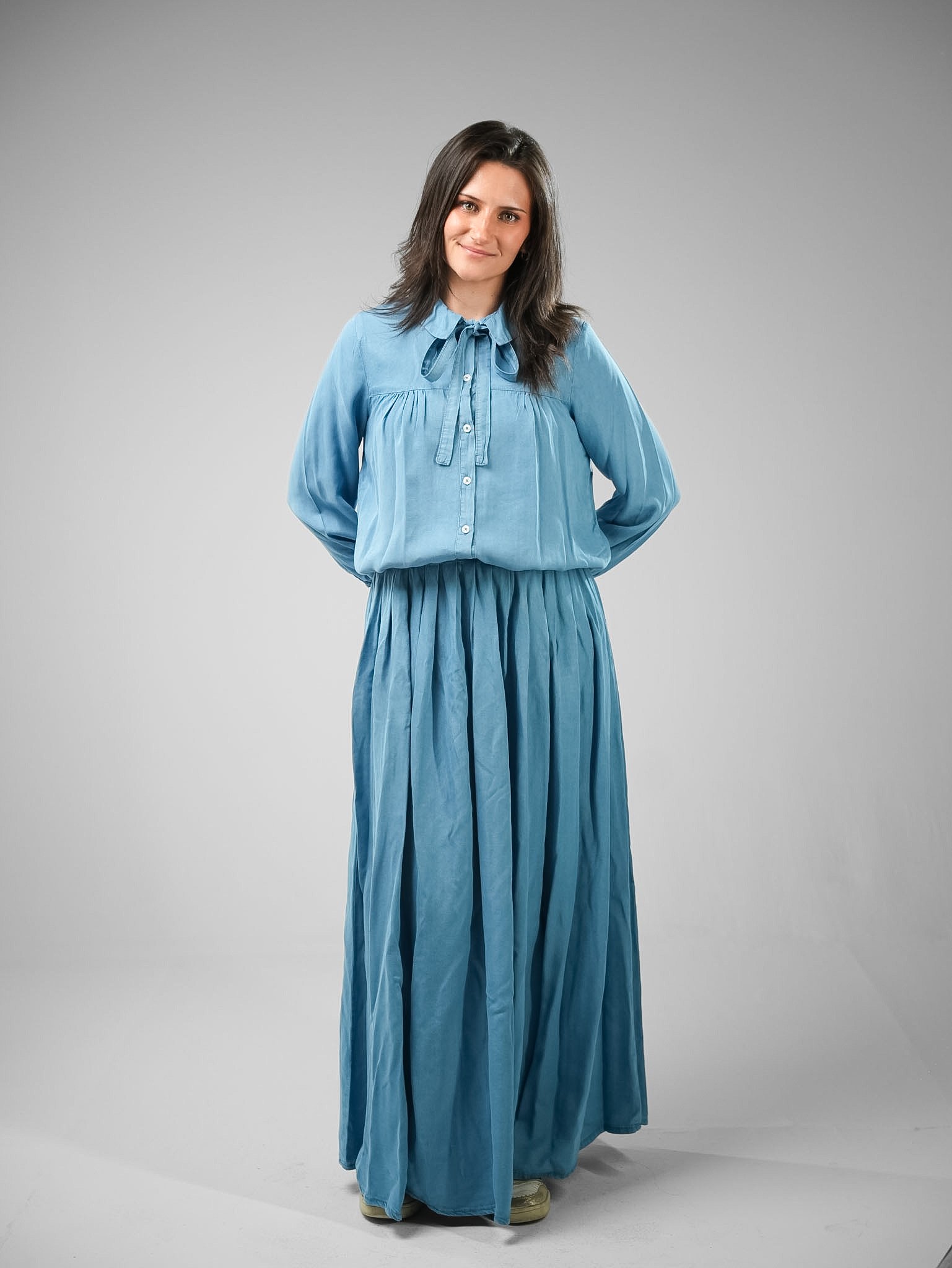 Denim Tie-Neck Blouse & Pleated Skirt Set