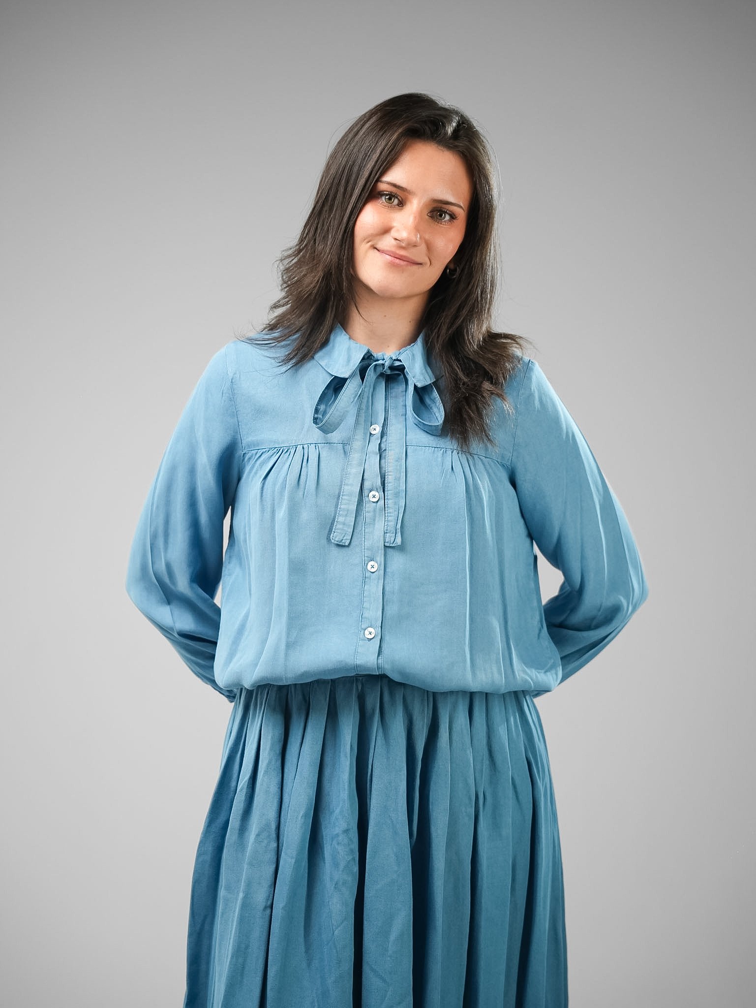 Denim Tie-Neck Blouse & Pleated Skirt Set - Image 4