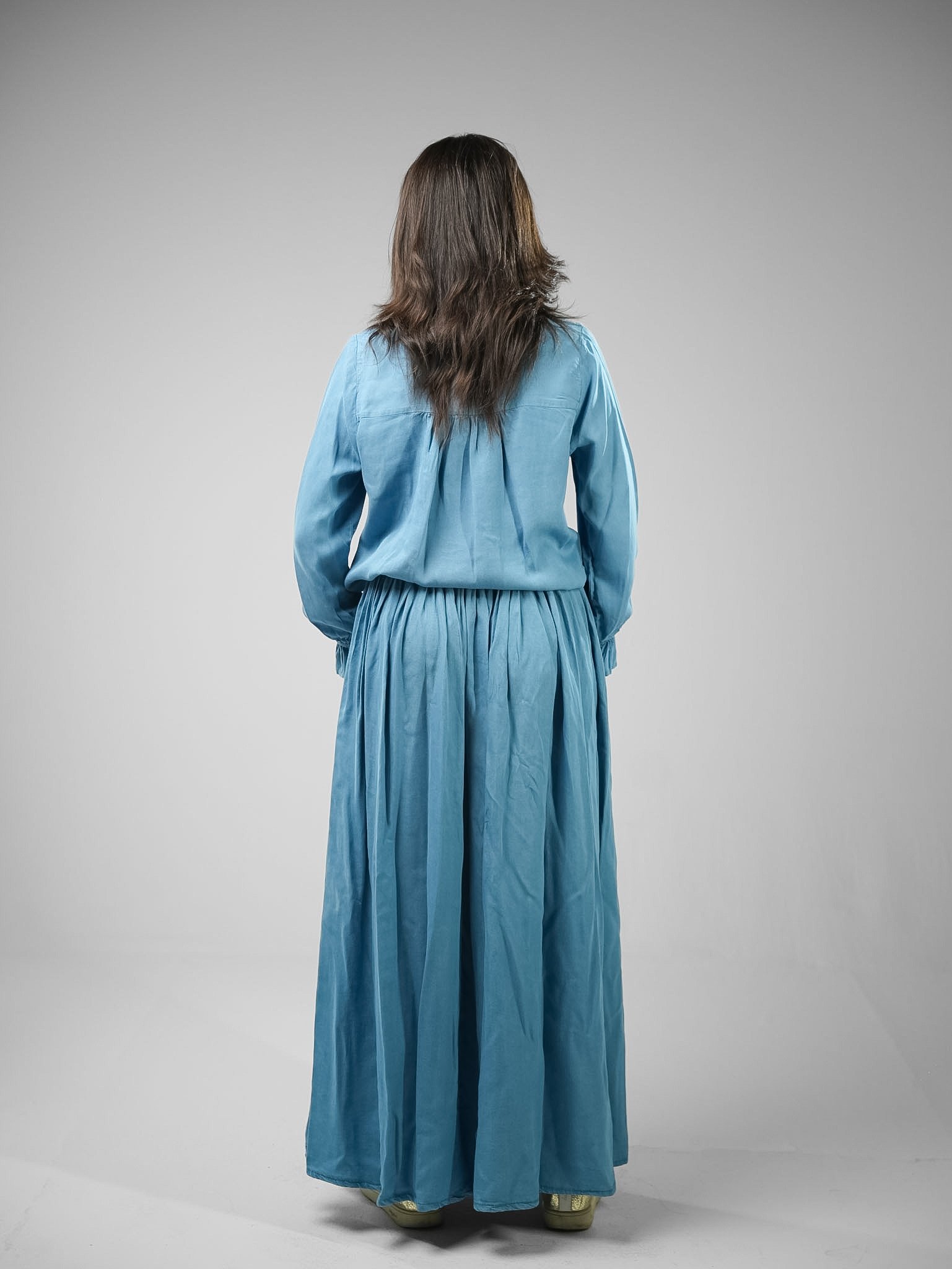 Denim Tie-Neck Blouse & Pleated Skirt Set - Image 2